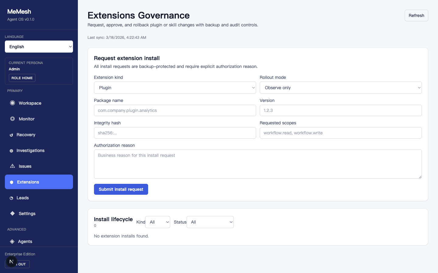 MeMesh Extensions Governance console
