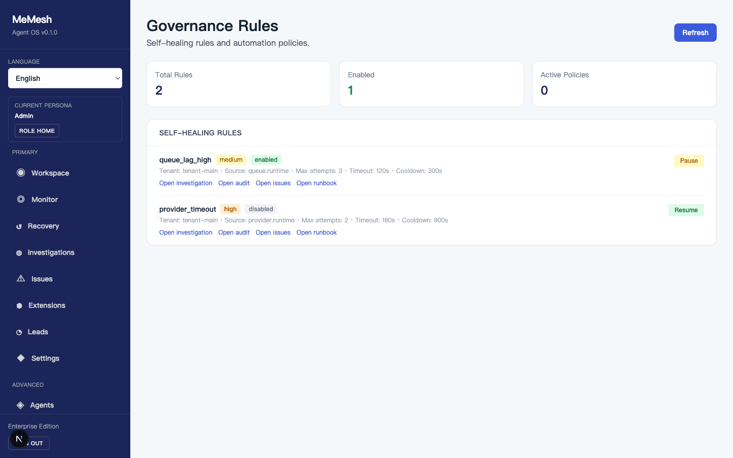 MeMesh Governance Rules console