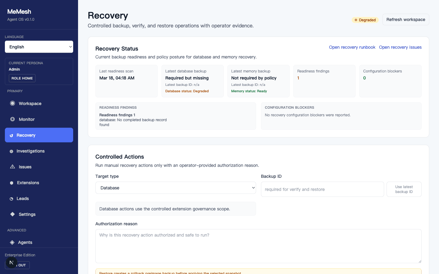 MeMesh Controlled Recovery workspace